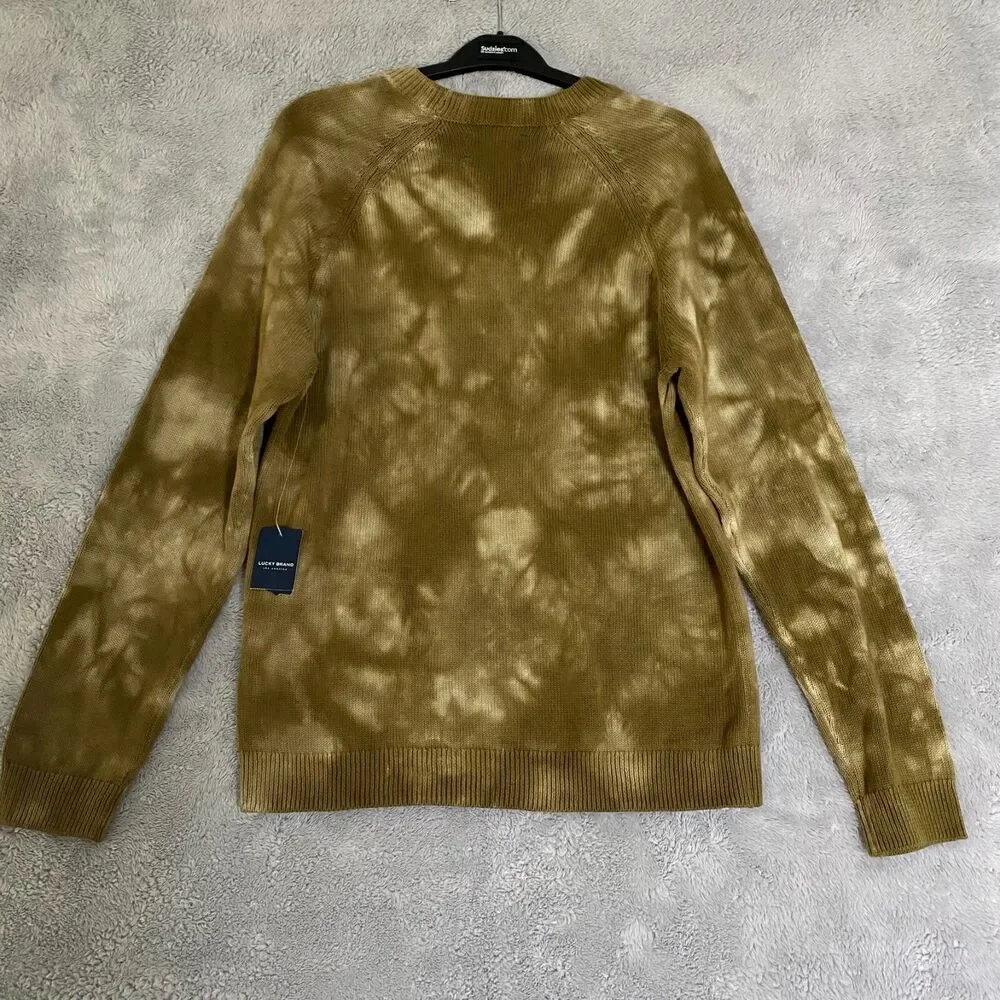 NWT Lucky Brand Women's Sweater  Dye Tye Olive Green Long Sleeve LinenBlend Sz M